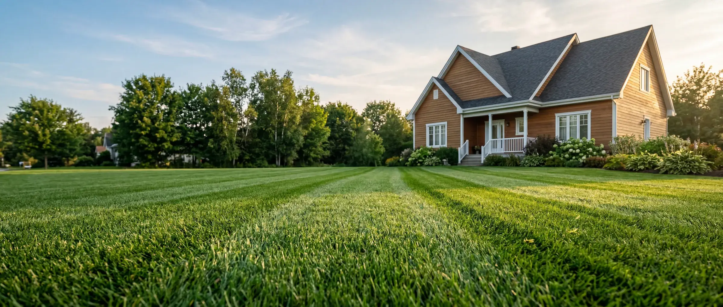 Pelouse impeccable et fraîchement tondue — après l'intervention d'Eco Pelouse Estrie Sherbrooke