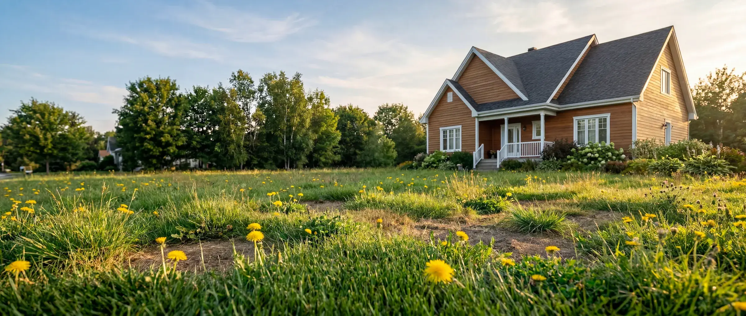 Pelouse négligée et envahie de mauvaises herbes — avant l'intervention d'Eco Pelouse Estrie