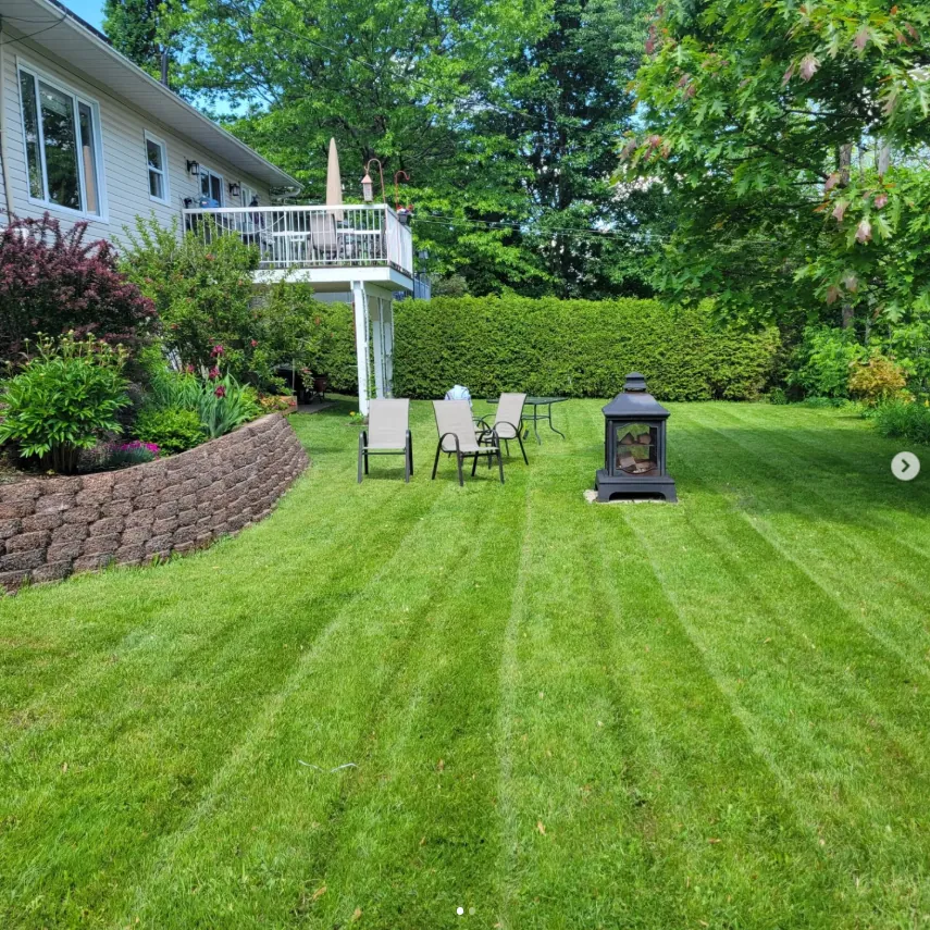Cour arrière premium — terrasse, gazebo et pelouse rayée par Eco Pelouse
